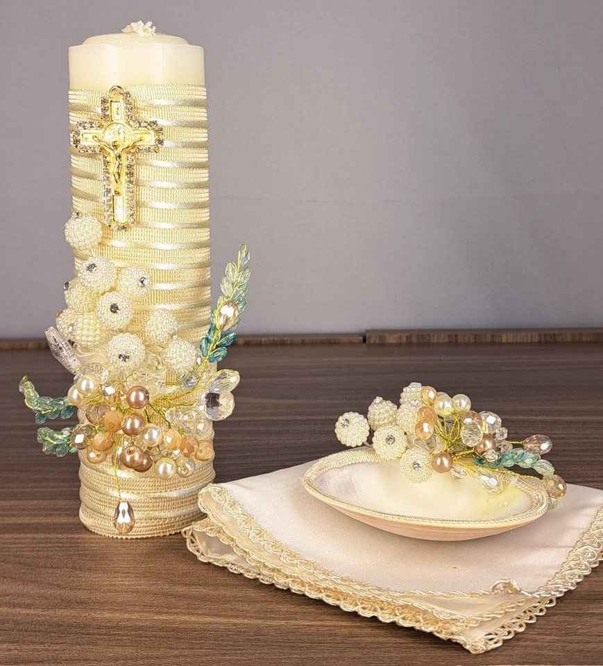 Kit de bautizo vela con crucifijo - Llaguno Boutique
