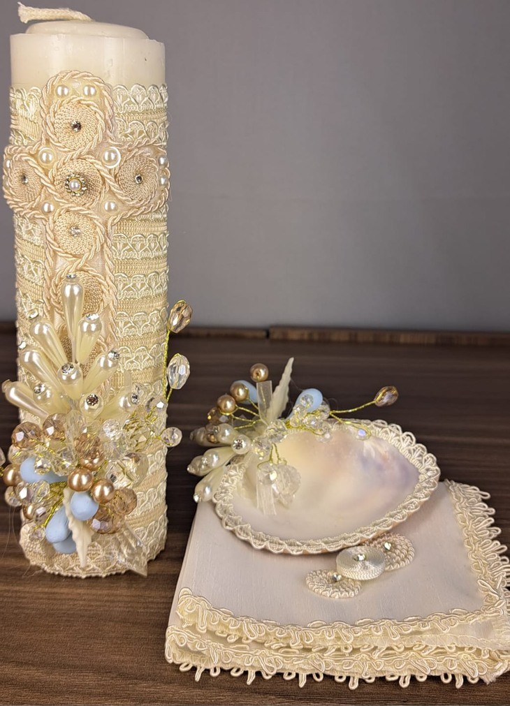 Kit de bautizo vela con perlas - Llaguno Boutique