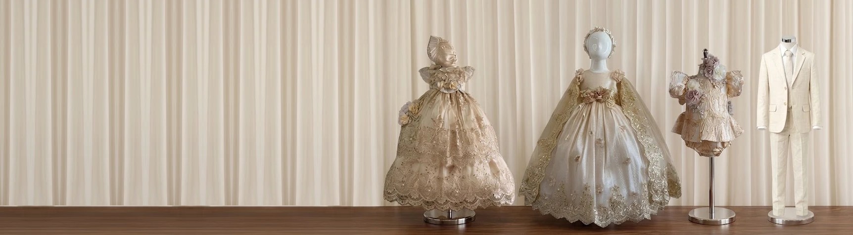 Colección Llaguno: ropón, vestido de fiesta, pañalero y traje de lino