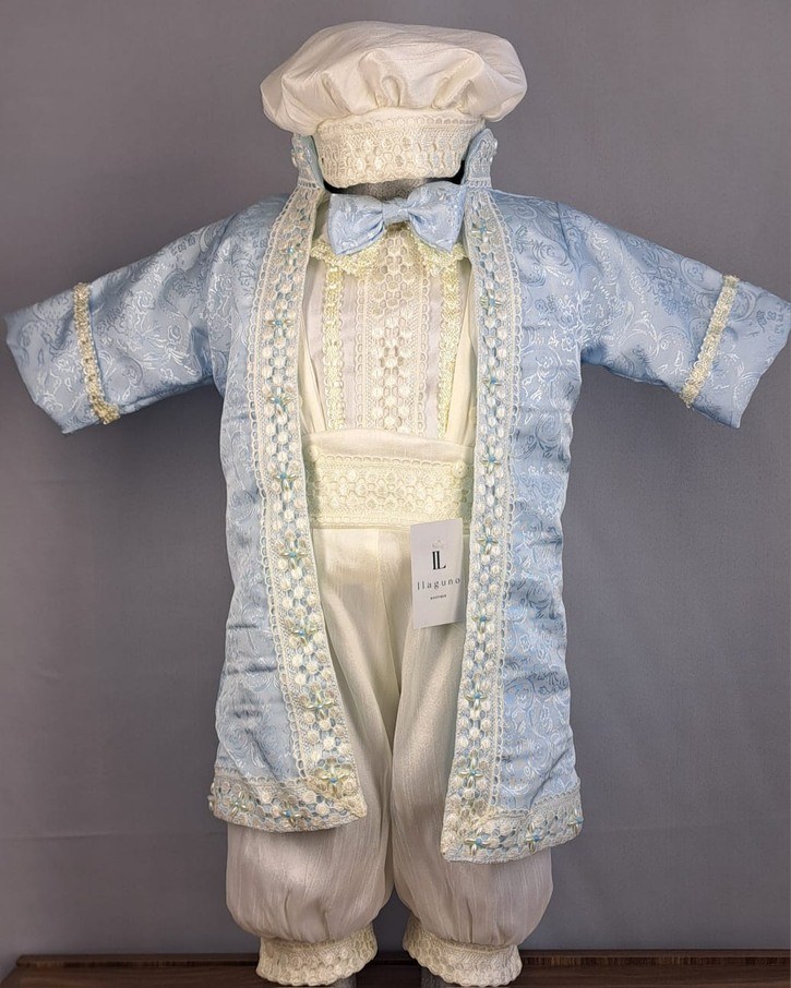 Ropón Príncipe hueso con azul cielo - Llaguno Boutique